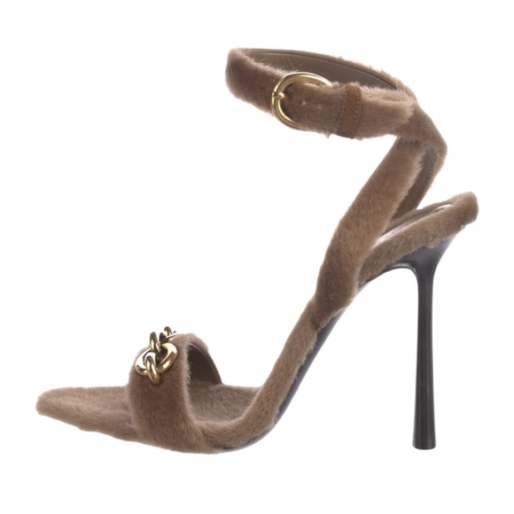 Saint Laurent Shoes - Saint Laurent Tan Fur High Heel Shoes with Gold Chain